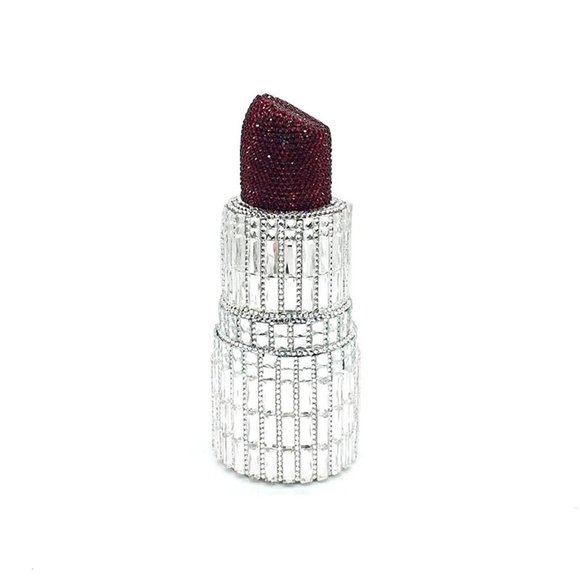 Lipstick Shaped Crystal Clutch Evening Bag Purse SILVER/RED NWT - Picture 1 of 10